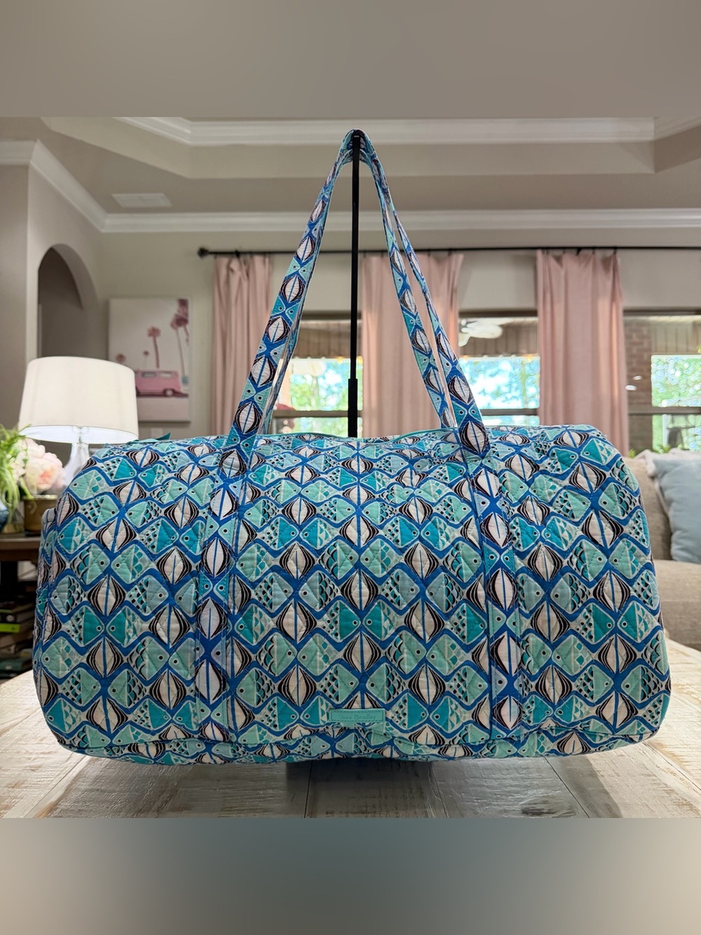 Vera Bradley Large Travel Duffel Bag in Go Fish Blue Retired Geometric Quilted